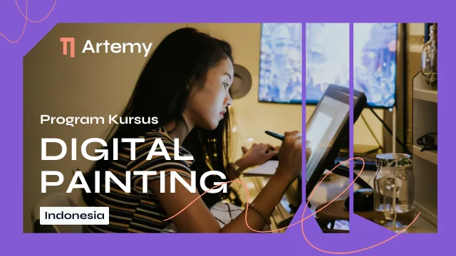 Siswa remaja mengerjakan character illustration di iPad Procreate dengan Apple Pencil, dibimbing tutor freelance illustrator Artemy pada sesi privat digital painting satu tutor satu siswa.
