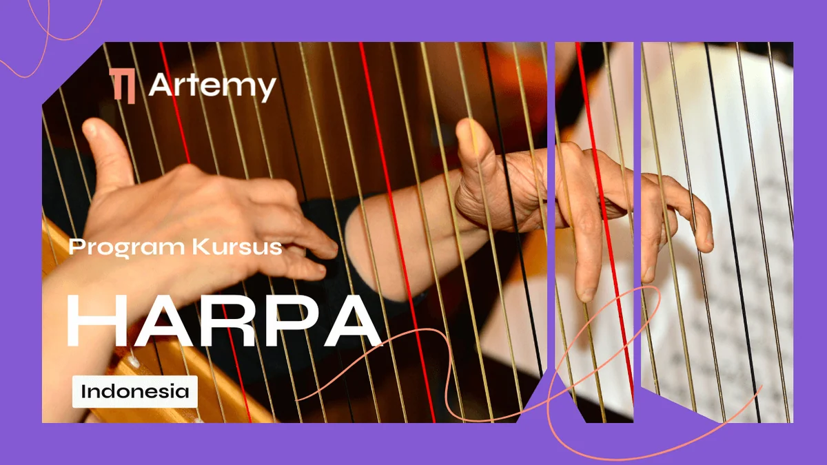 Sesi kursus harpa privat Artemy, siswa berlatih posisi tangan pada senar concert grand harp