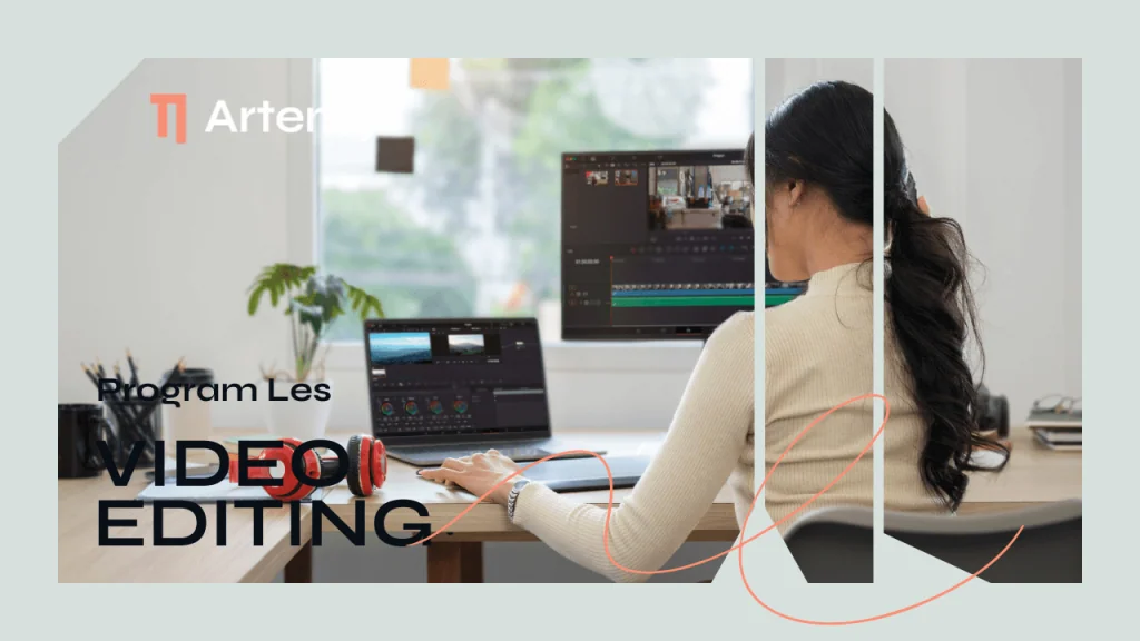 Editor bekerja di timeline Adobe Premiere Pro dengan dua monitor menampilkan preview video dan panel color grading DaVinci Resolve